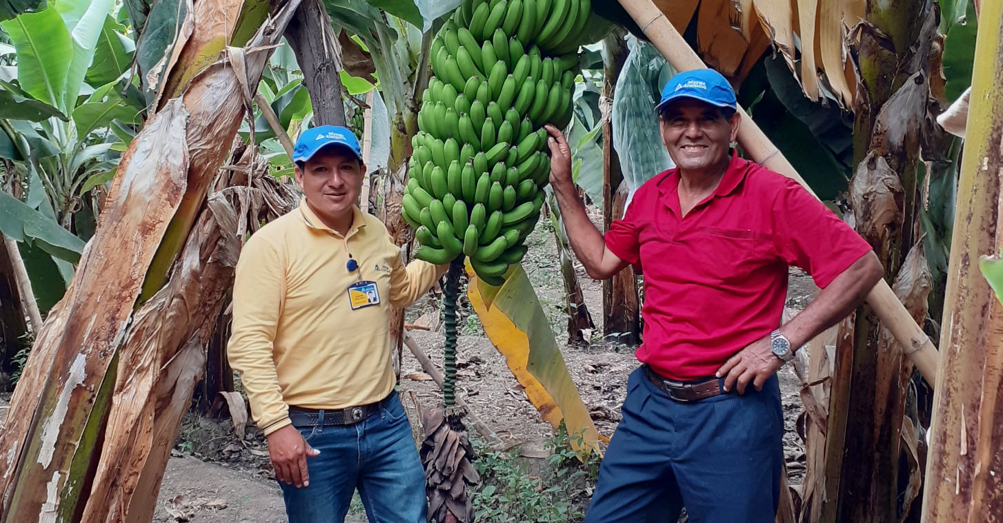 Imagen de un agricultor de Perú junto a un miembro de Edpyme Alternativa